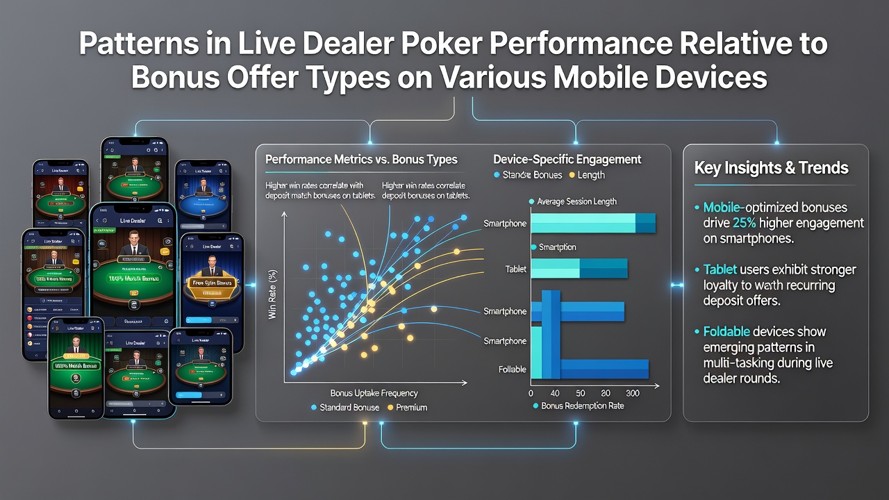 Analytics dashboard displaying poker performance charts across mobile devices and bonus types